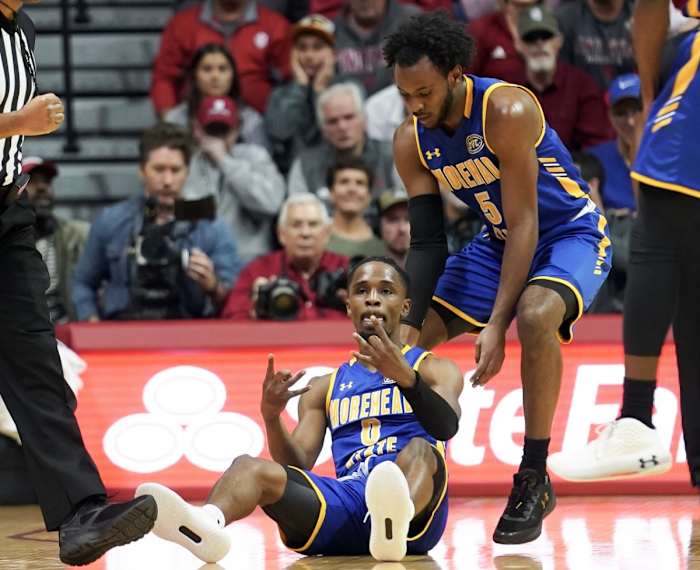 Nov 7, 2022; Bloomington, Indiana, USA; Morehead State Eagles guard Mark Freeman (0) celebrates after making a three-pointer and being fouled during the first half at Simon Skjodt Assembly Hall.